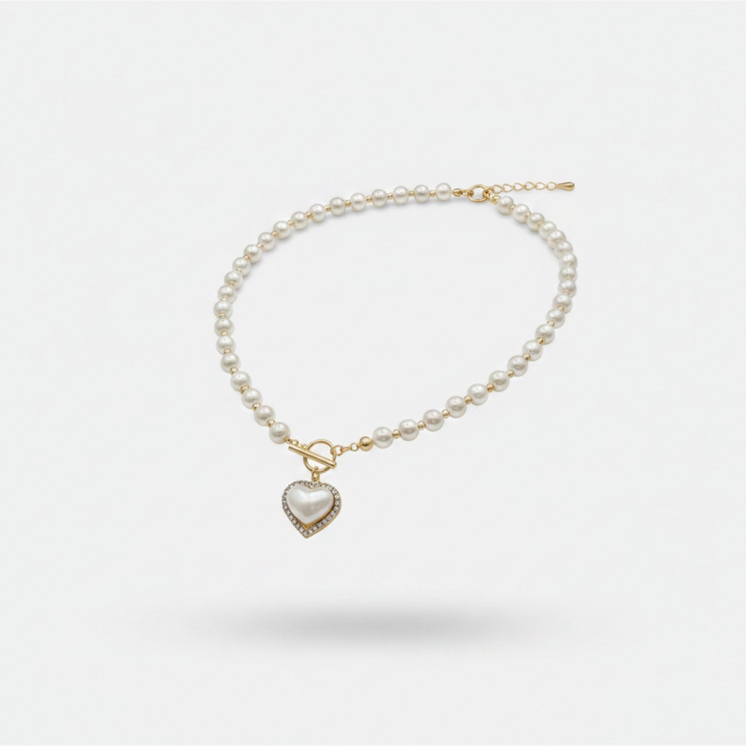 Pearl Heart Charm Necklace with Toggle Clasp