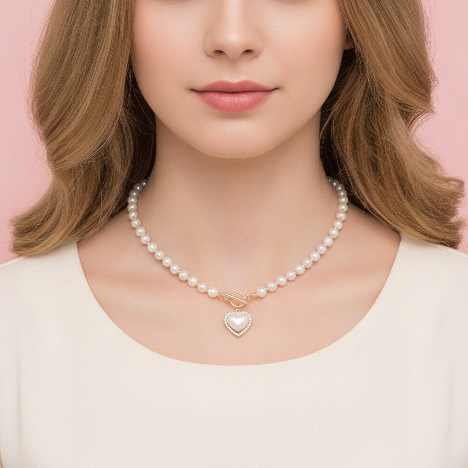 Pearl Heart Charm Necklace with Toggle Clasp