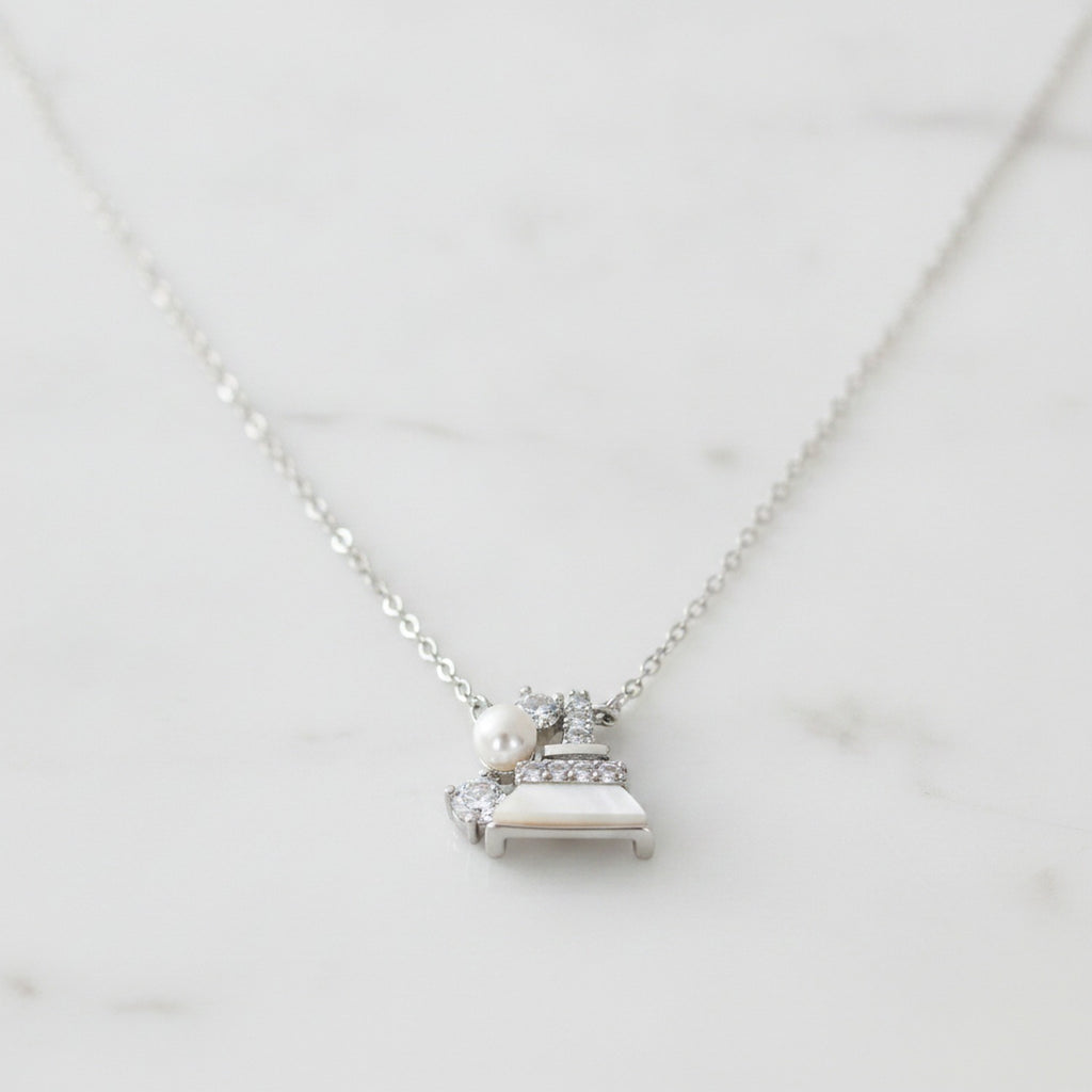 Pearl and Rhinestone Bell Charm Necklace - Silver XL70298 – jewelry (view 2)