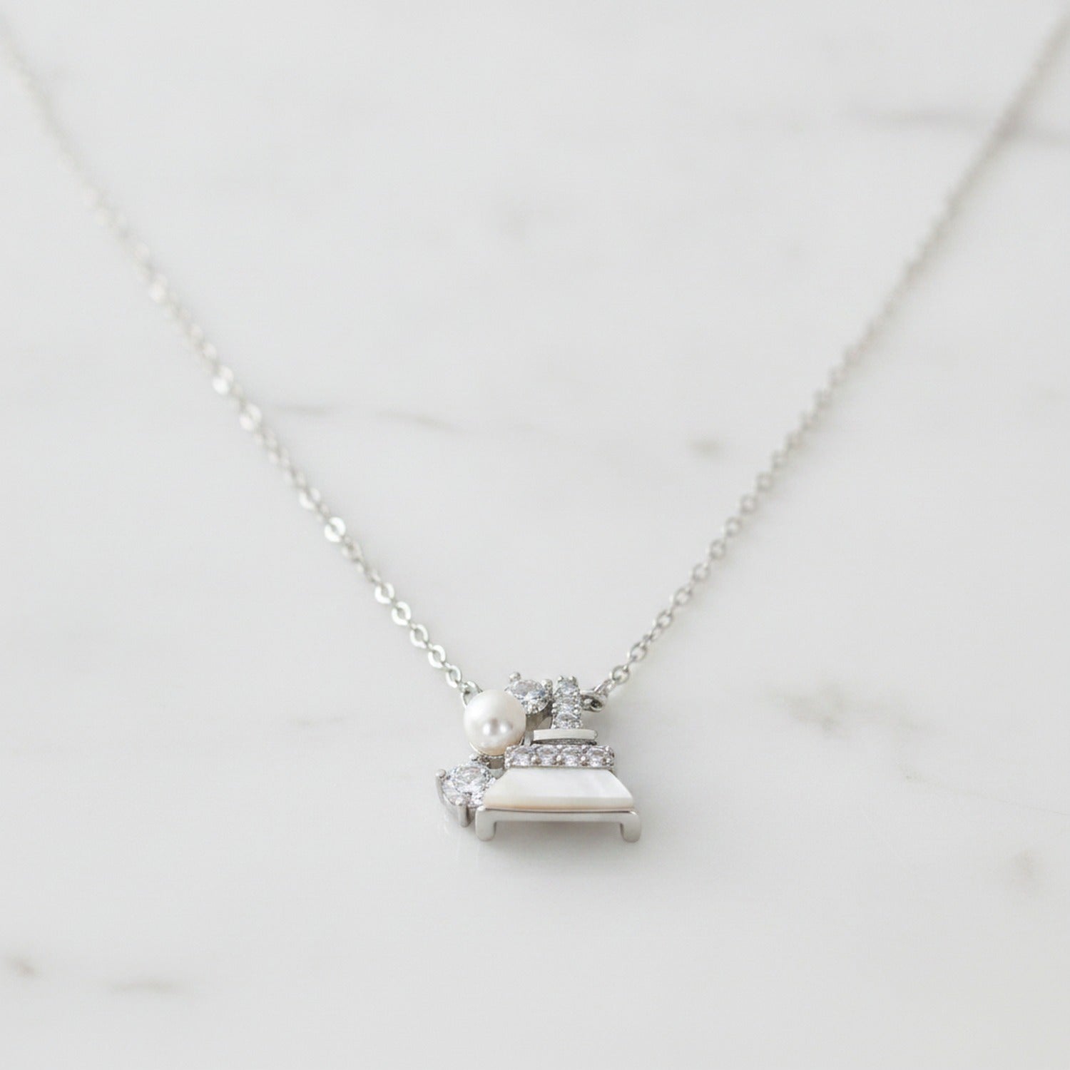 Pearl and Rhinestone Bell Charm Necklace - Silver XL70298