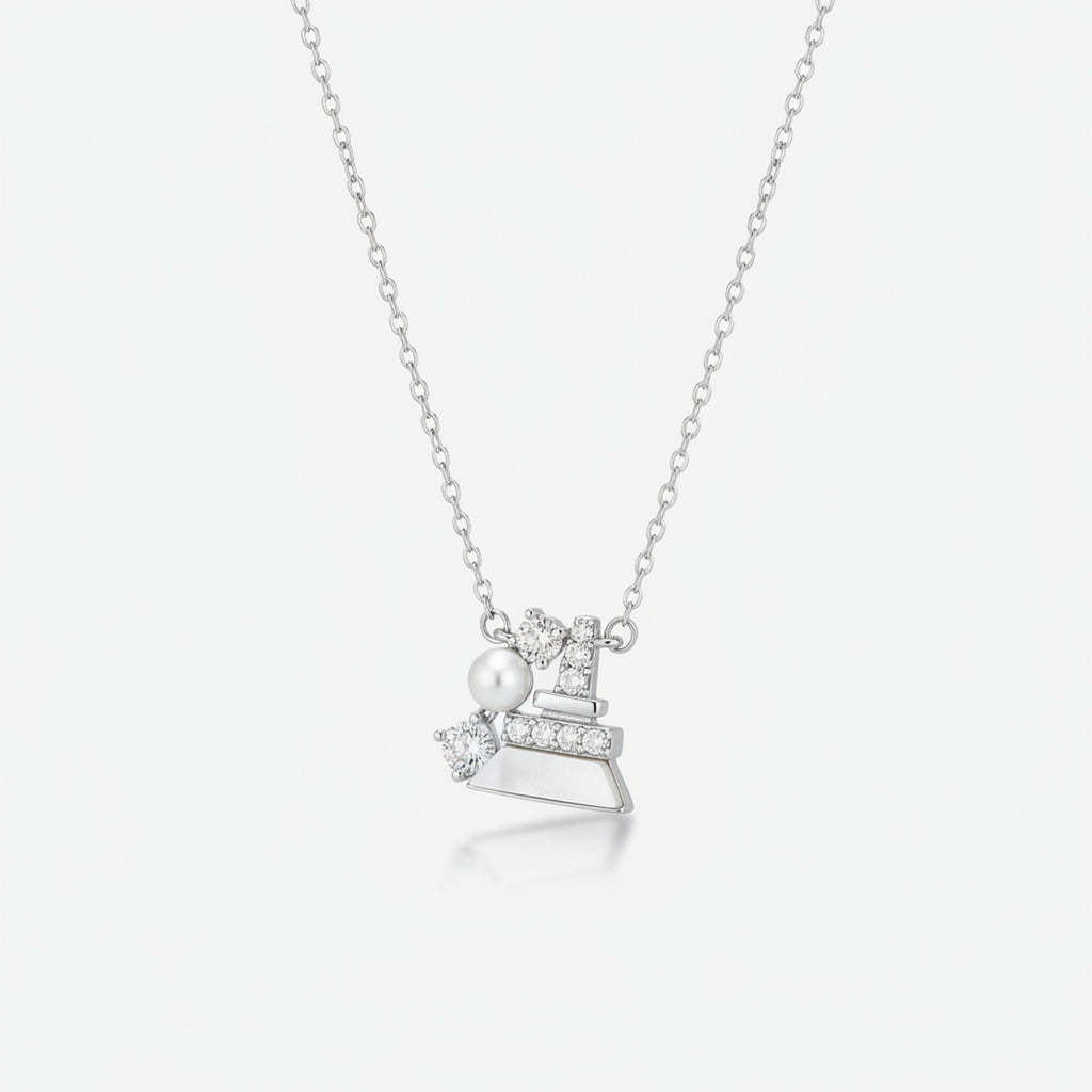 Pearl and Rhinestone Bell Charm Necklace - Silver XL70298 – jewelry (view 1)
