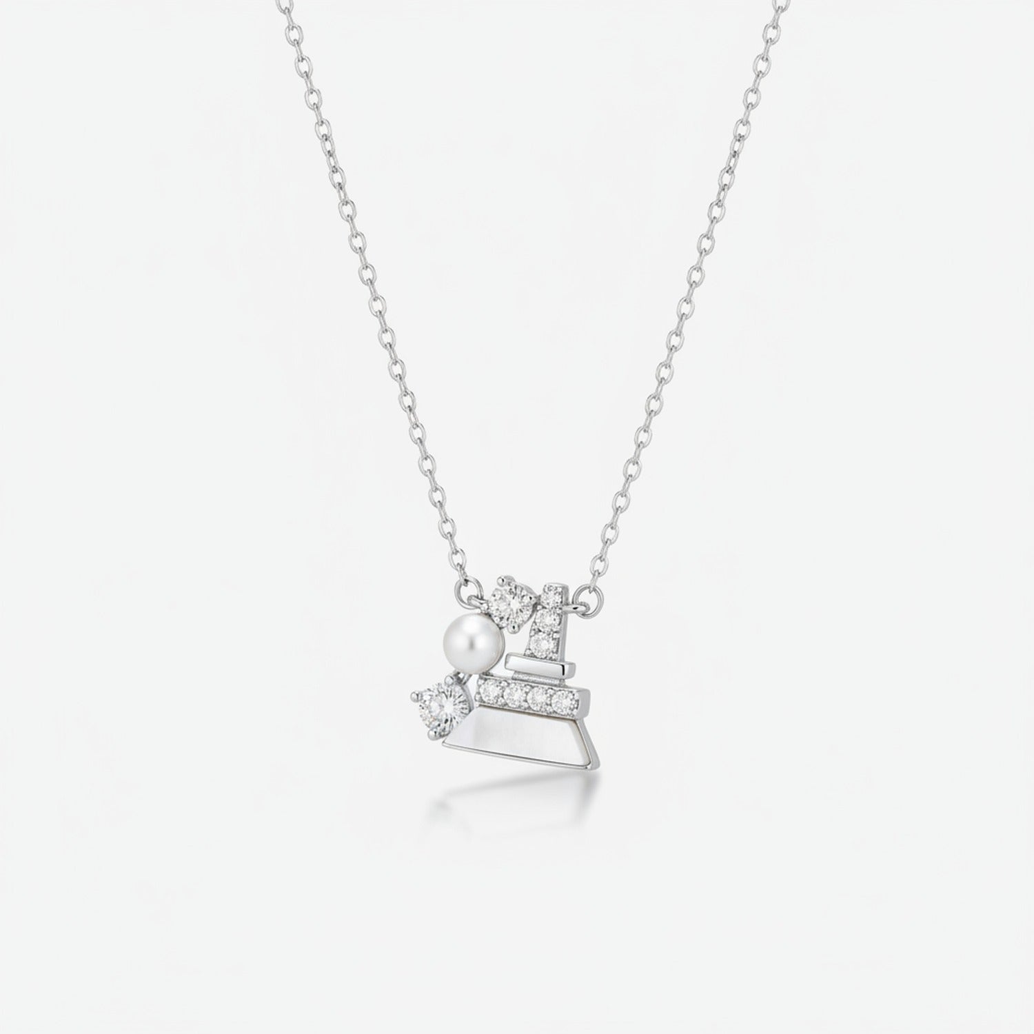 Pearl and Rhinestone Bell Charm Necklace - Silver XL70298