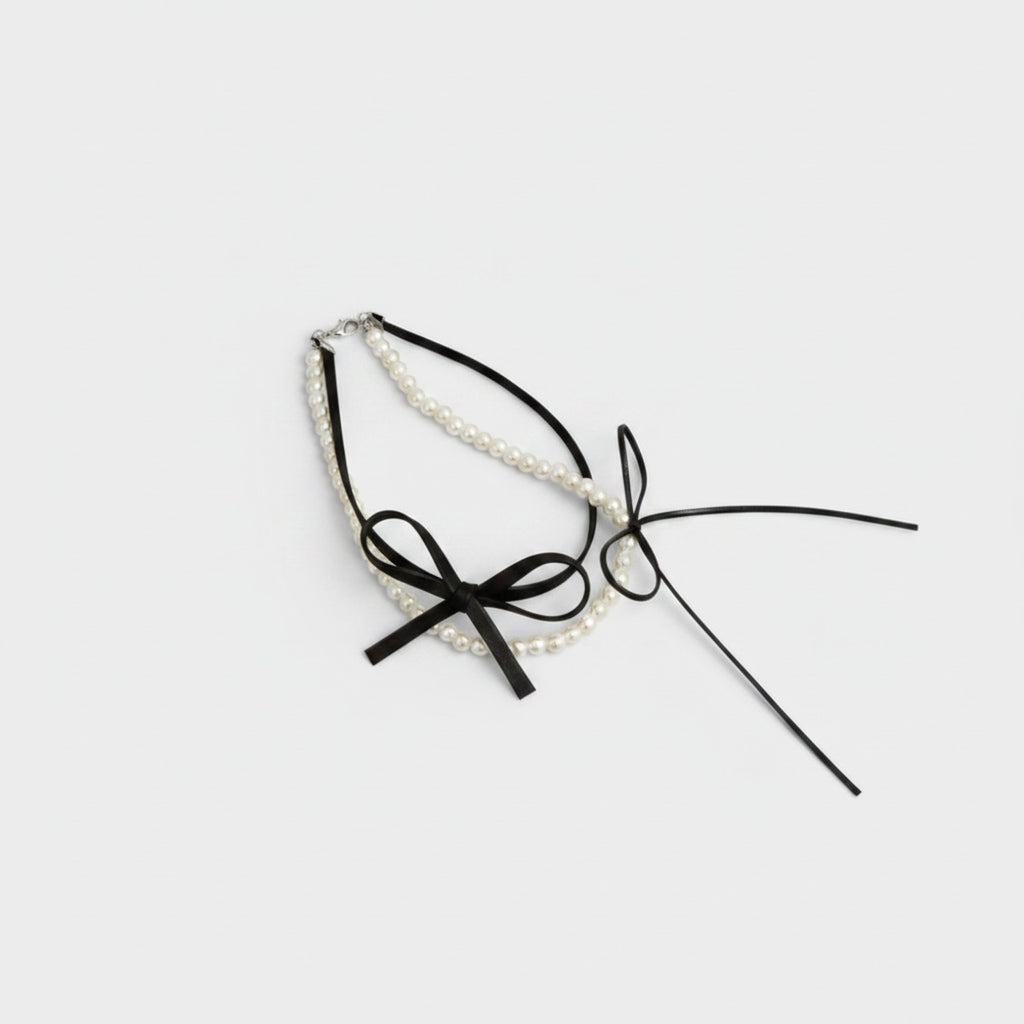 Pearl Beaded Choker Set With Black Ribbon Bow
