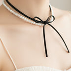 Pearl Beaded Choker Set With Black Ribbon Bow