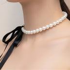 Pearl Beaded Bracelet with Black Ribbon Bow