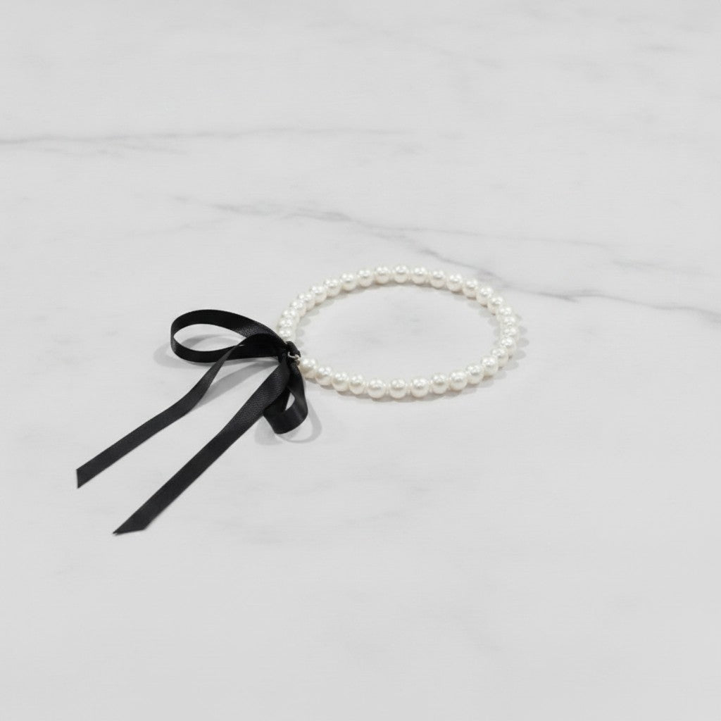 Pearl Beaded Bracelet with Black Ribbon Bow