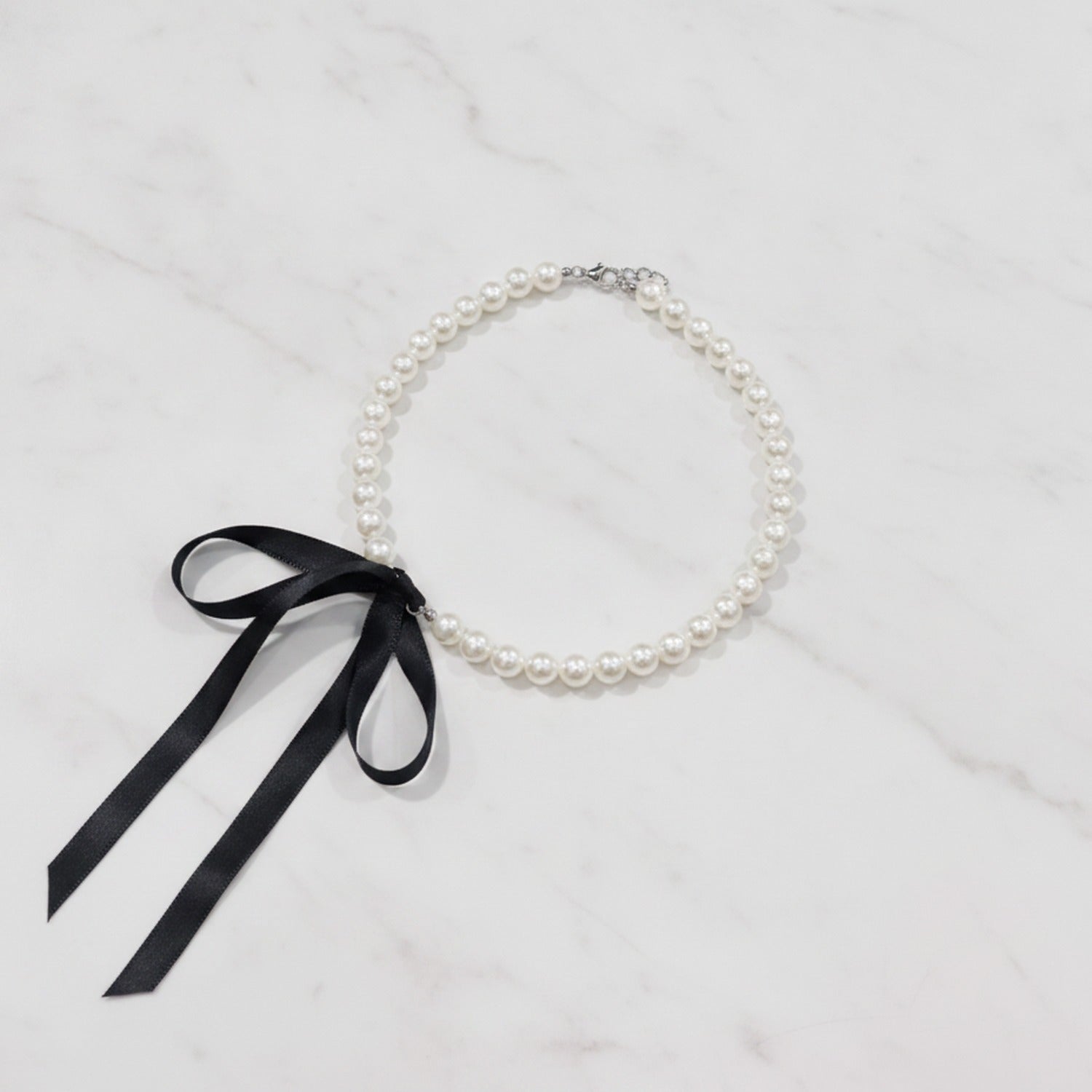 Pearl Beaded Bracelet with Black Ribbon Bow