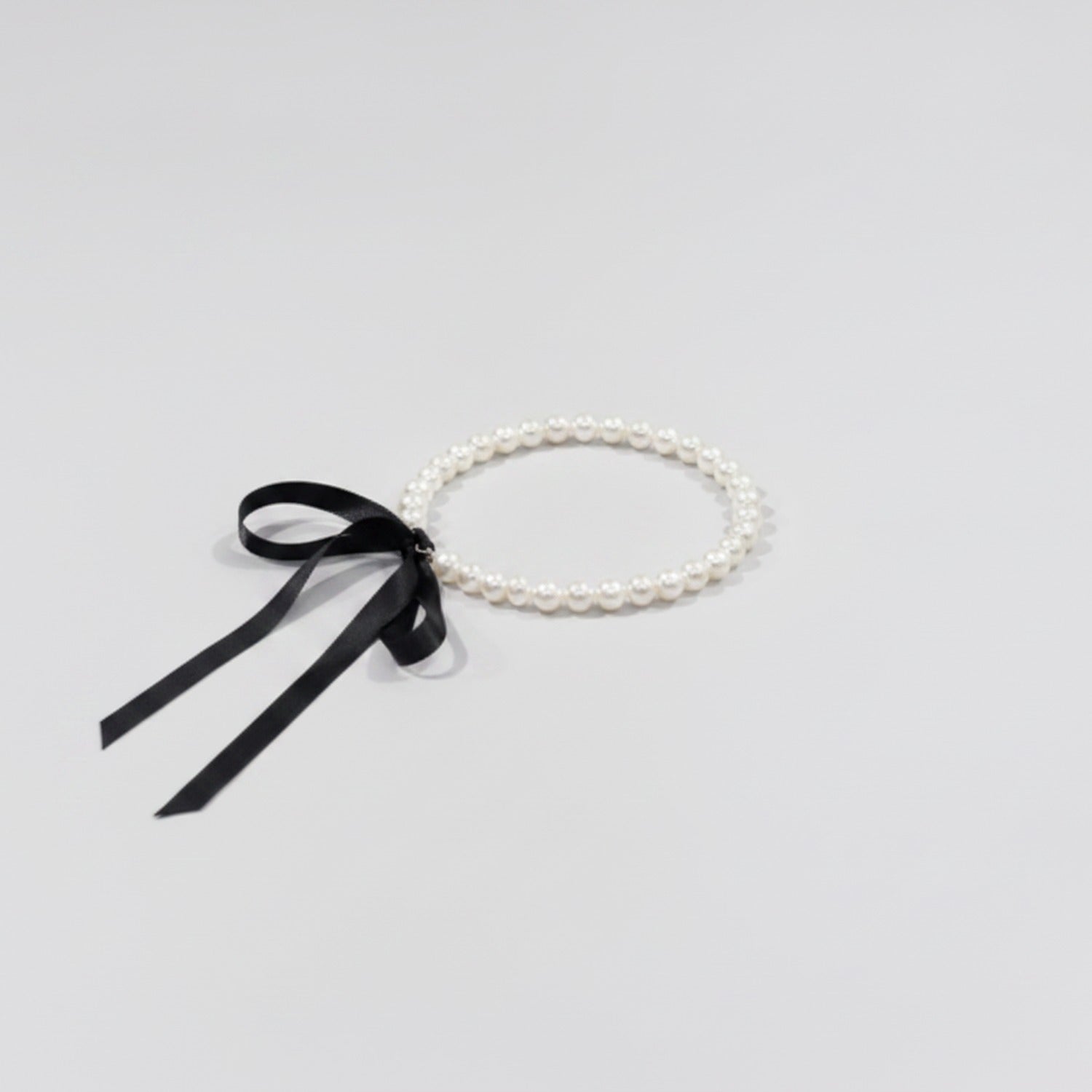 Pearl Beaded Bracelet with Black Ribbon Bow