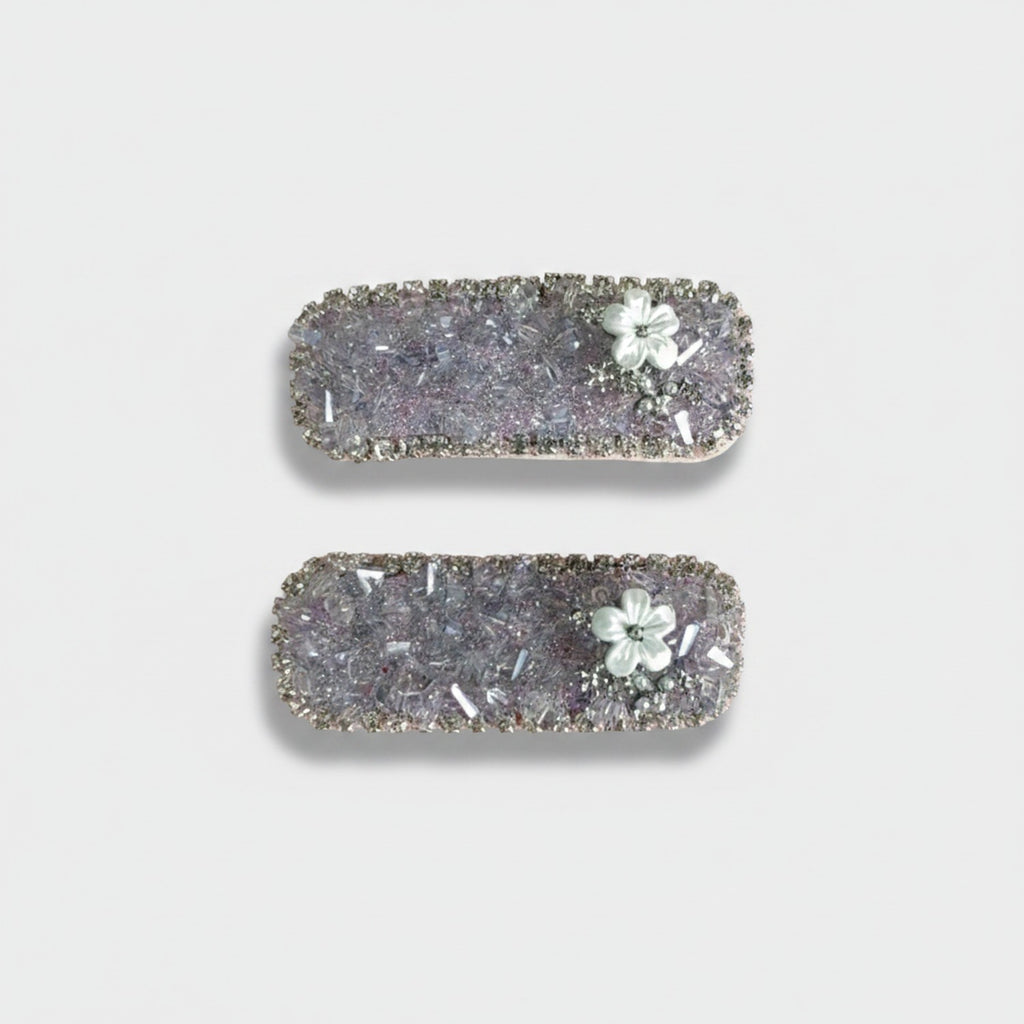 Sparkly Purple Glitter Hair Clips with White Flower Charm