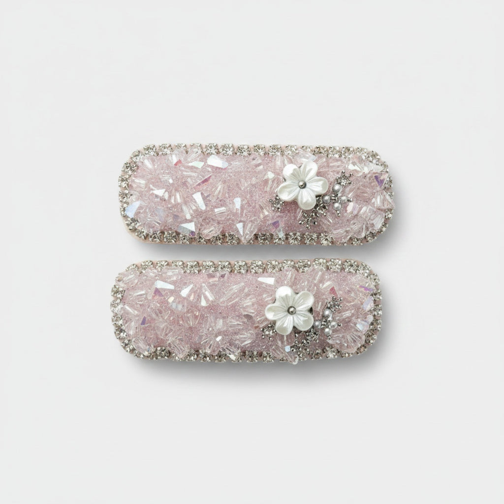 Pink Iridescent Crystal Hair Clips With Flower Charms