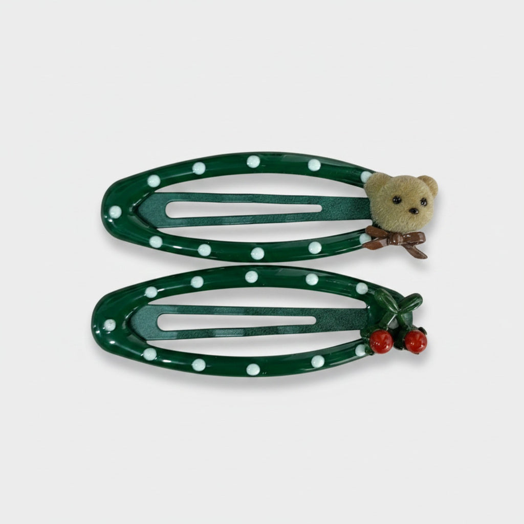Green Polka Dot Hair Clips With Bear and Berries Charm