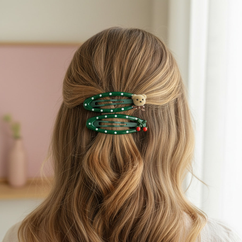 Green Polka Dot Hair Clips With Bear and Berries Charm