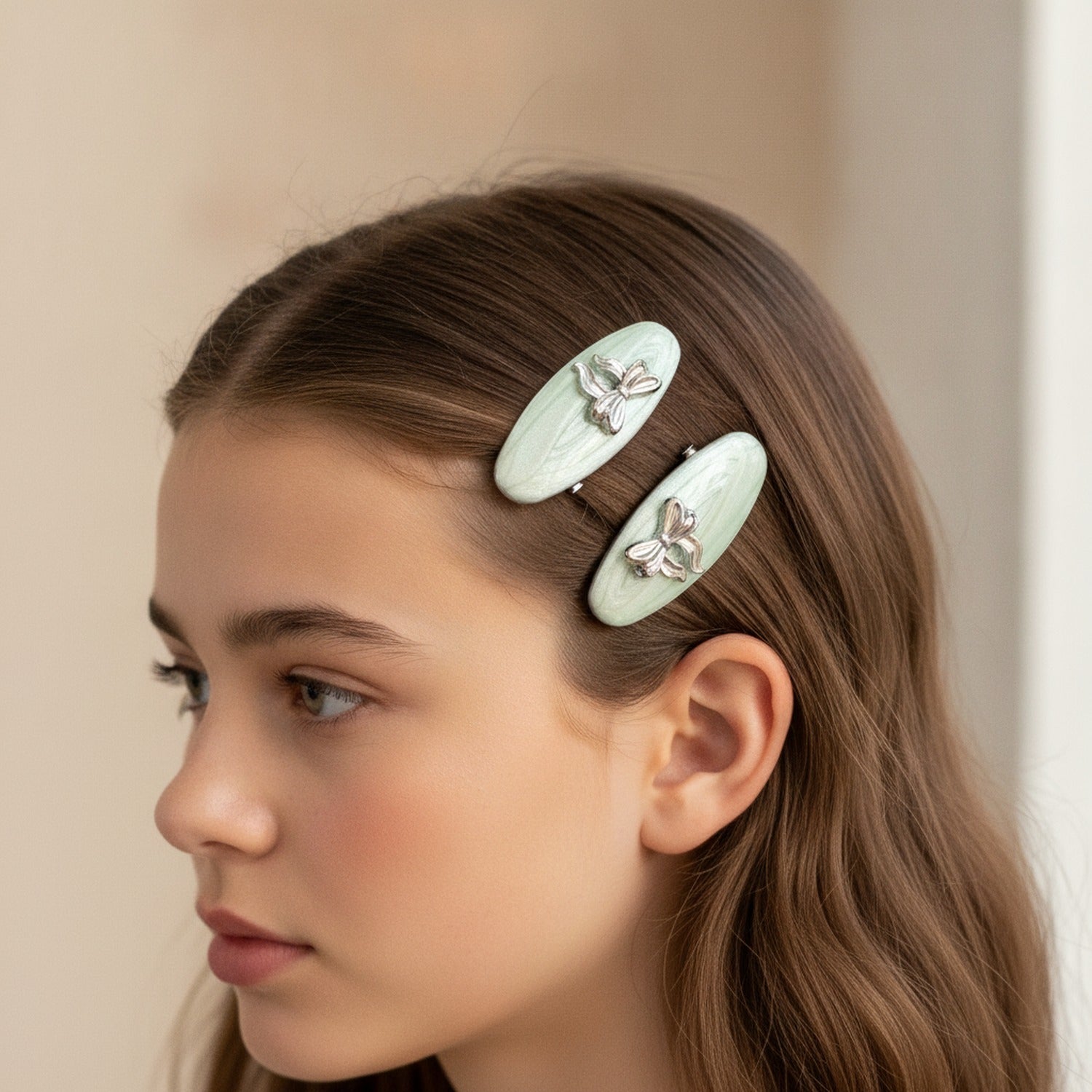 Sage Green Bow Hair Clips Set – hair accessories (view 3)