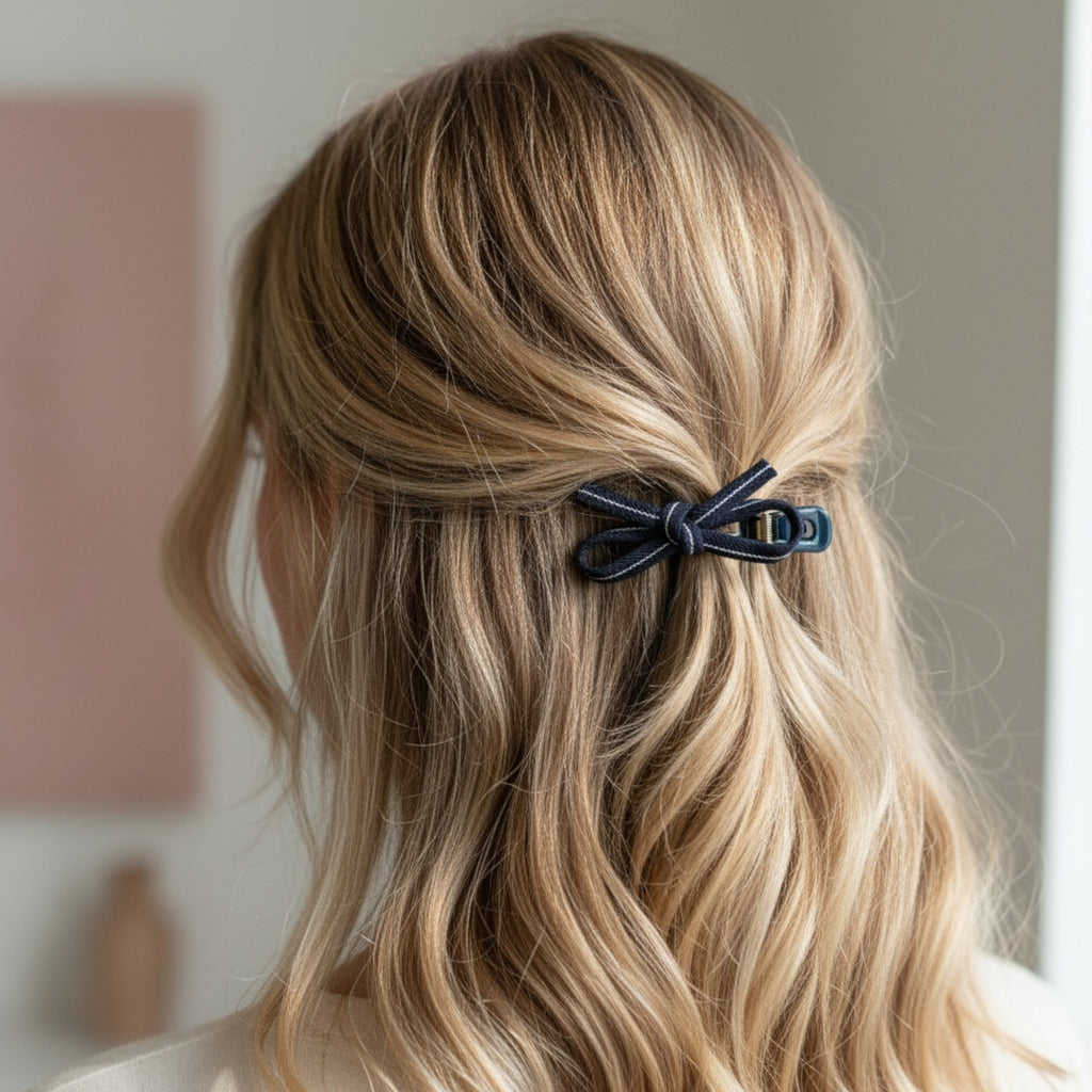Navy Ribbon Bow Hair Clips Set