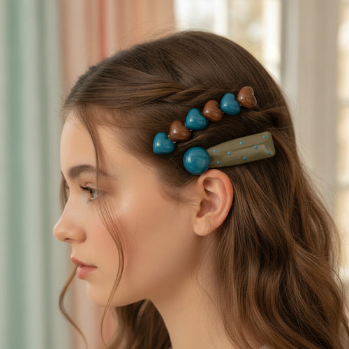 Blue and Brown Teardrop Hair Clip Set