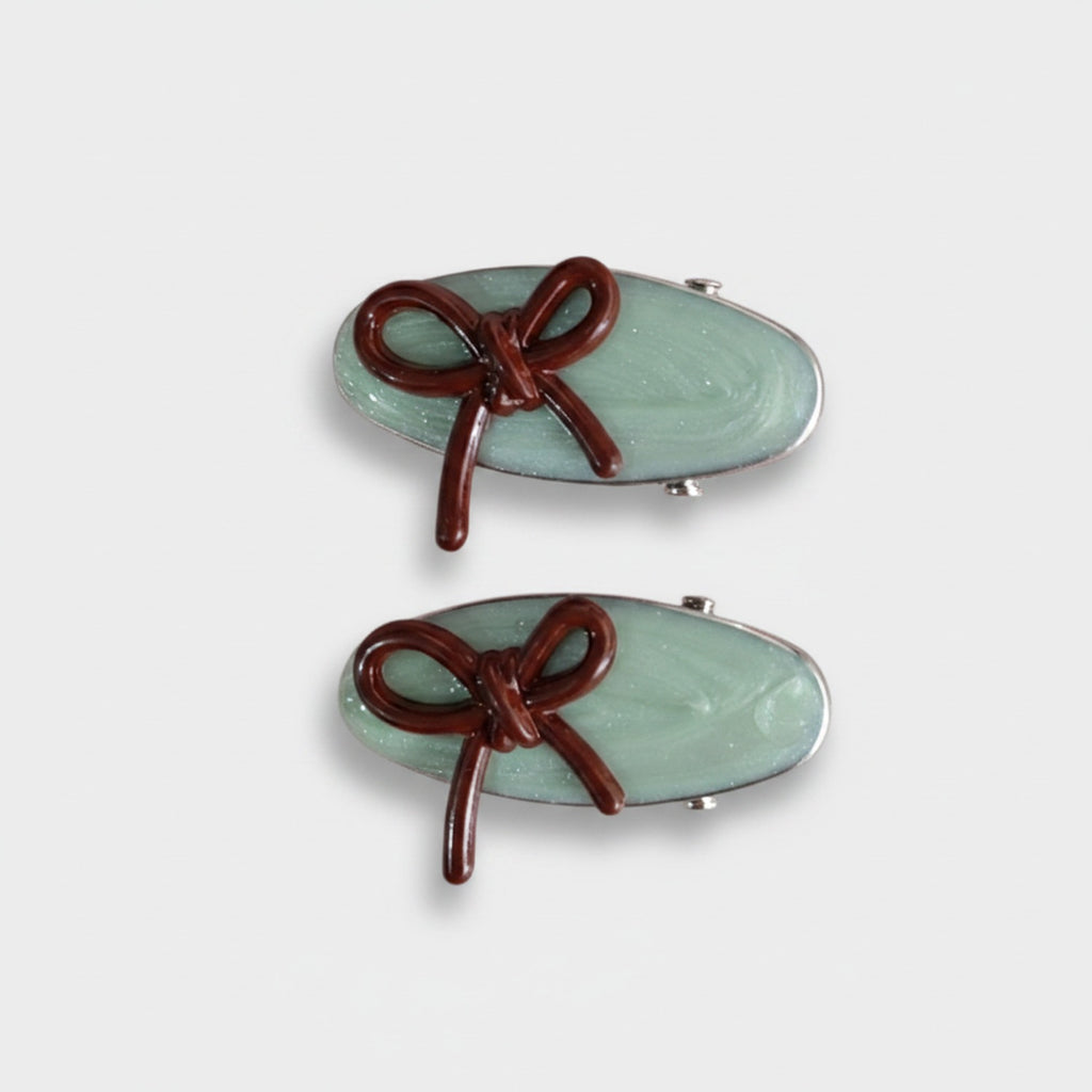 Mint Green Ceramic Bow Hair Clips Pair