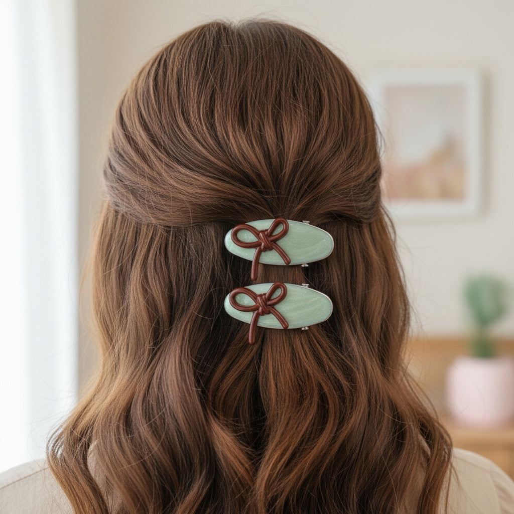 Mint Green Ceramic Bow Hair Clips Pair