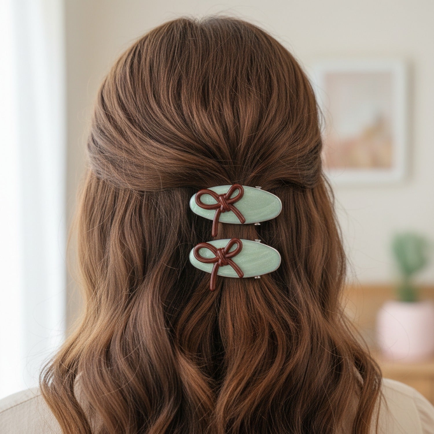 Mint Green Ceramic Bow Hair Clips Pair