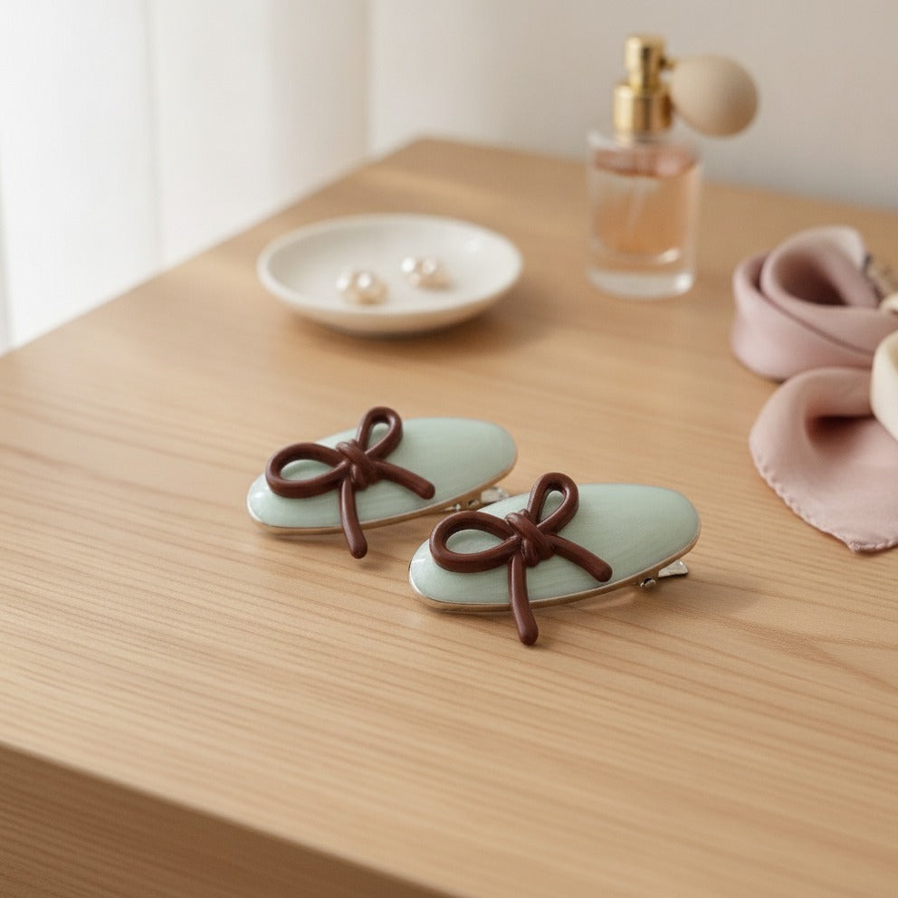 Mint Green Ceramic Bow Hair Clips Pair – hair accessories (view 2)