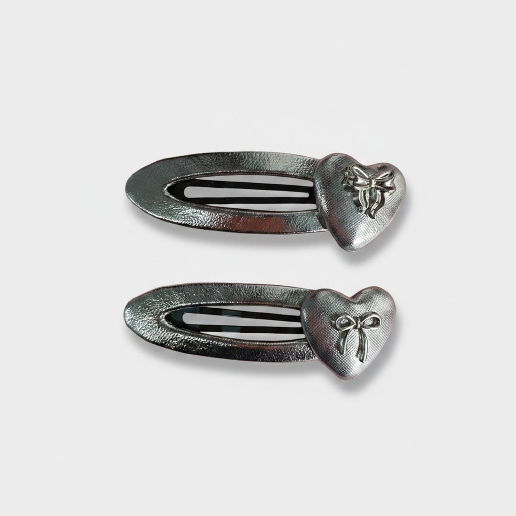 Silver Heart Bow Hair Clips Set