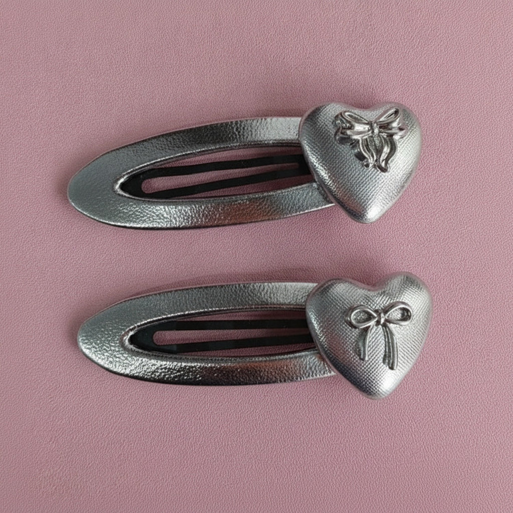 Silver Heart Bow Hair Clips Set – hair accessories (view 2)