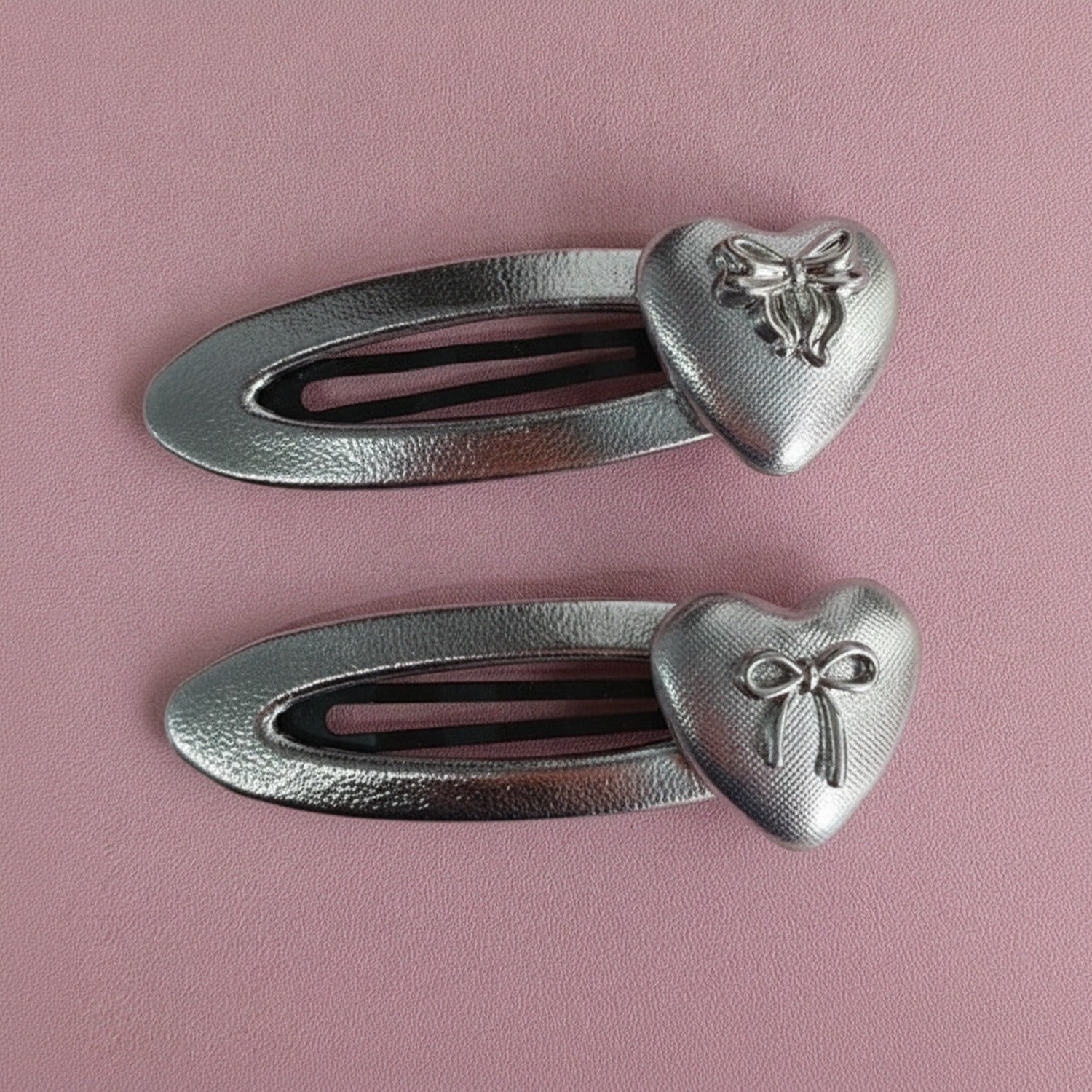 Silver Heart Bow Hair Clips Set