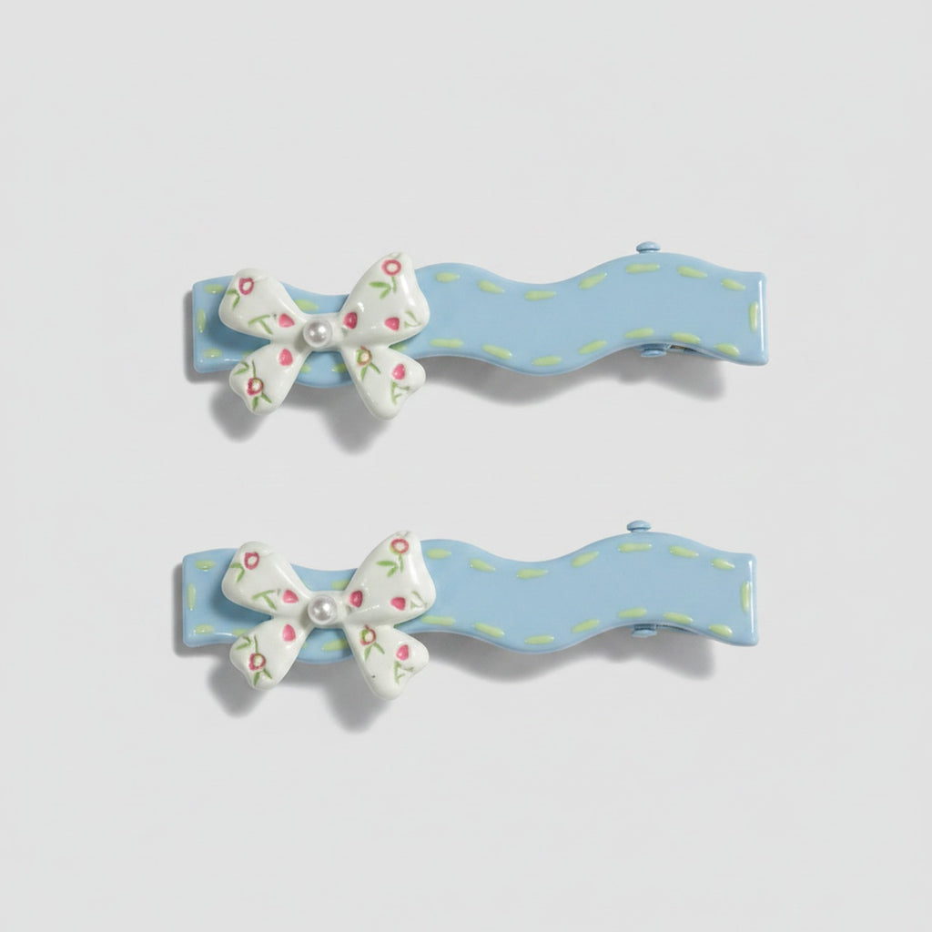 Floral Bow Hair Clips with Pearl Detail Set