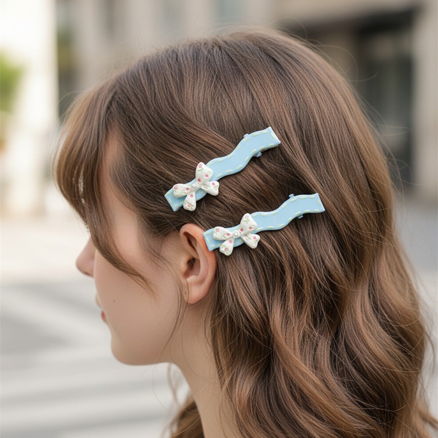 Floral Bow Hair Clips with Pearl Detail Set
