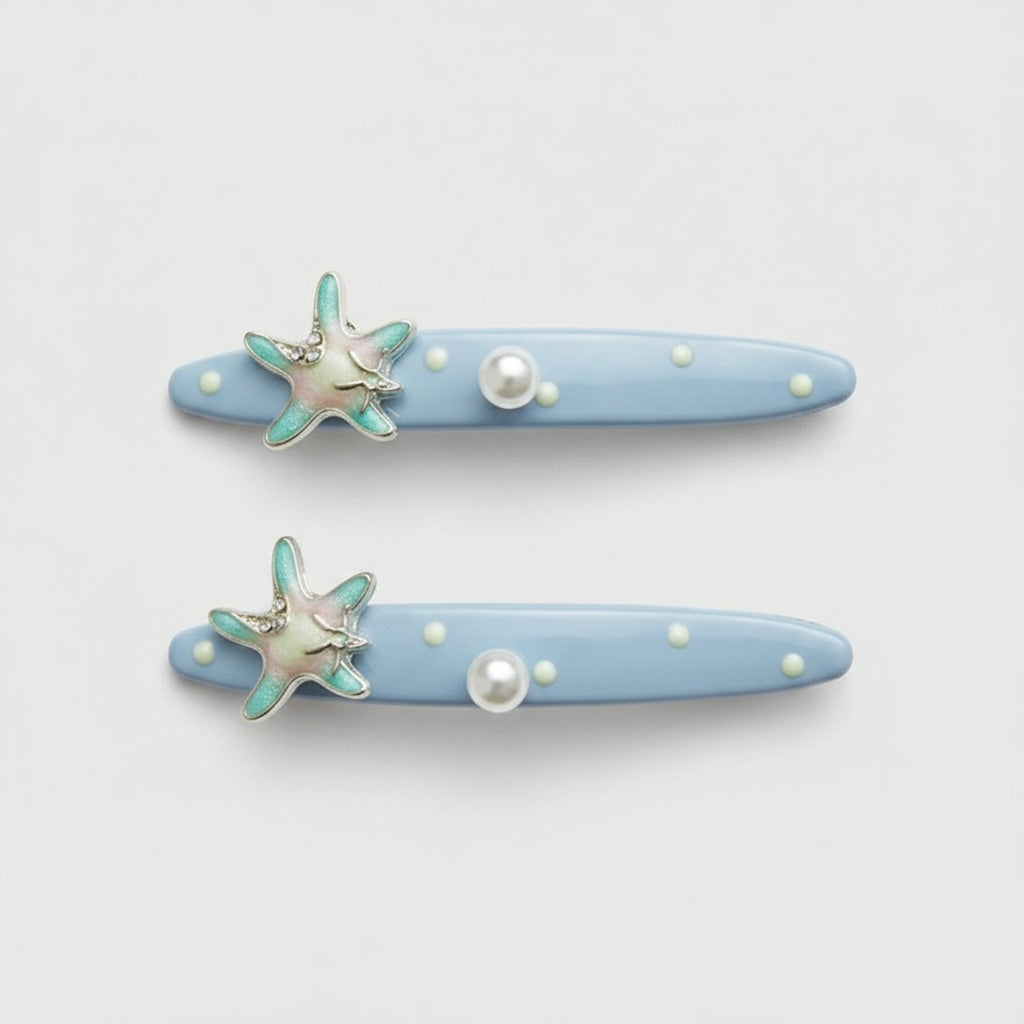 Starfish Pearl Blue Hair Clips Set