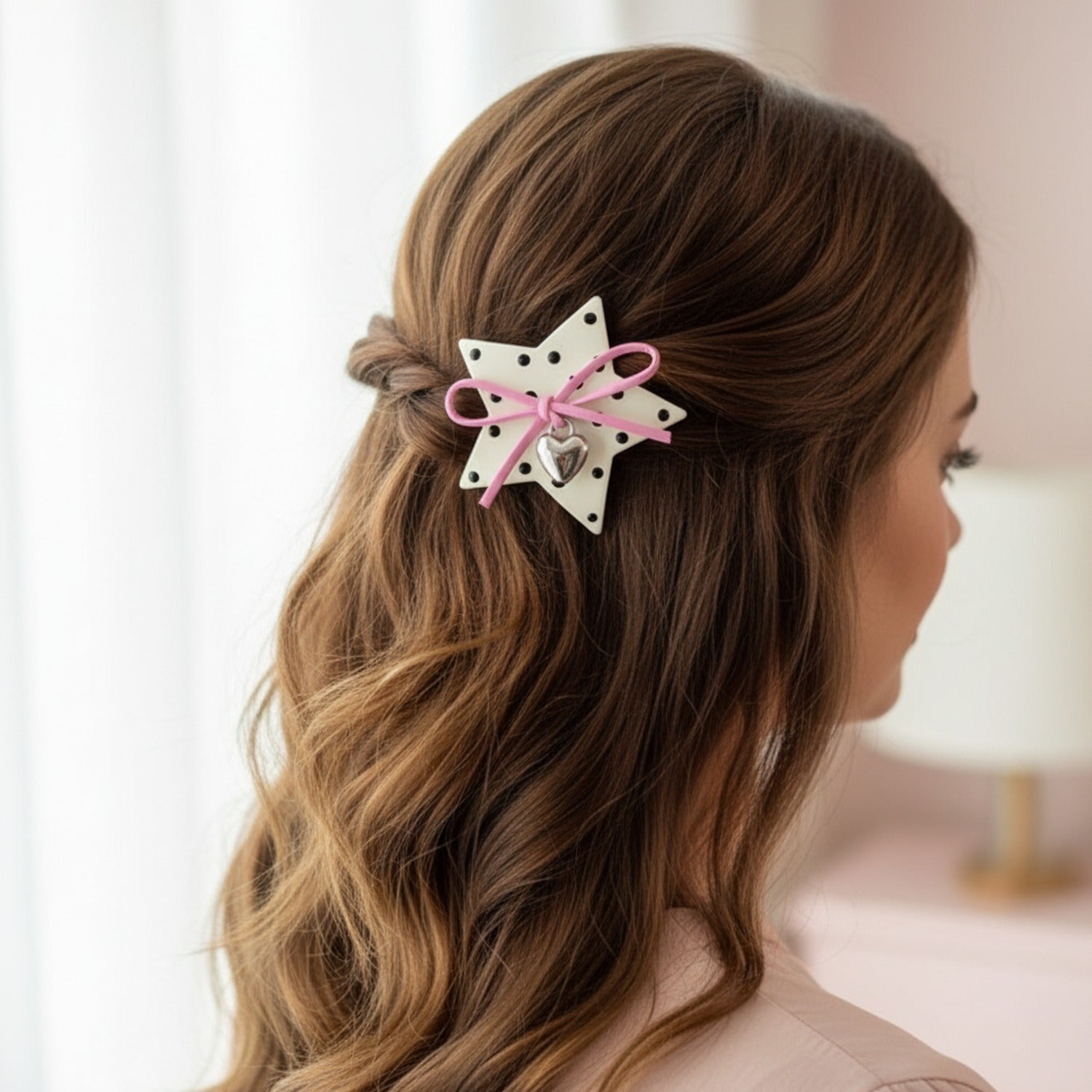 Star Hair Clip With Heart Charm And Ribbon Bow