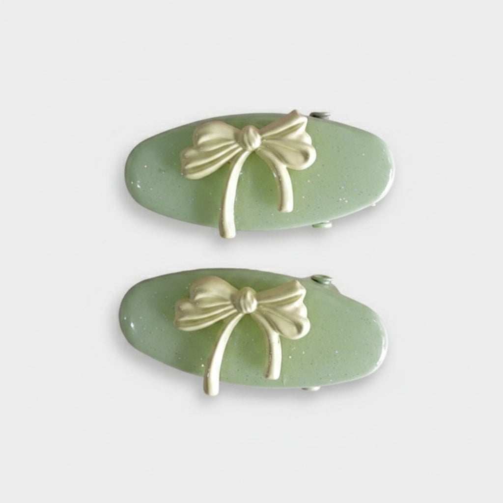 Sage Green Bow Hair Clips Pair