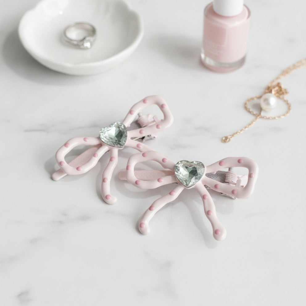 Pink Bow Heart Rhinestone Hair Clip – hair accessories (view 2)