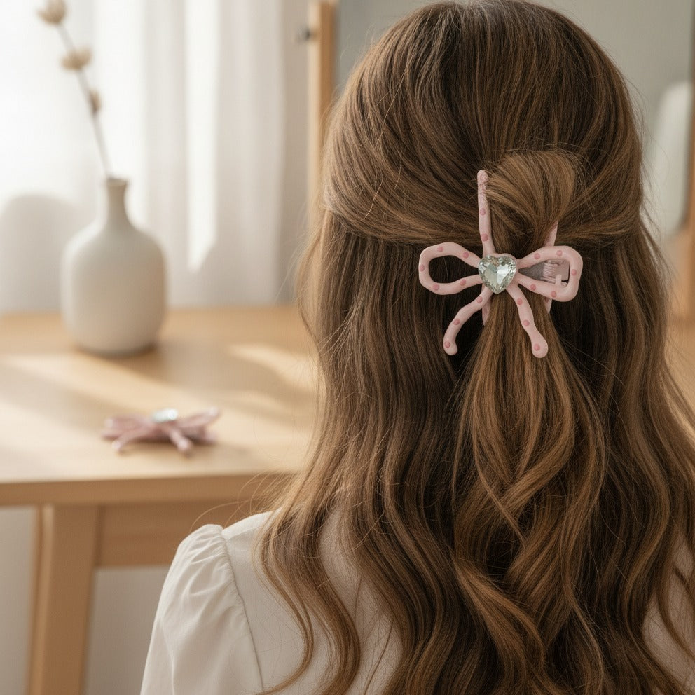 Pink Bow Heart Rhinestone Hair Clip – hair accessories (view 3)