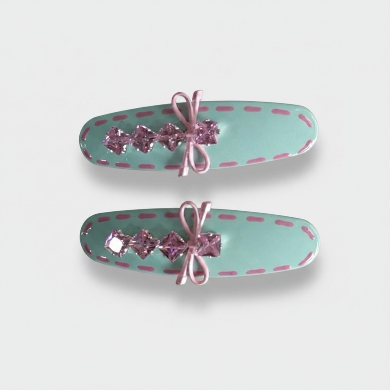 Mint Glitter Bow Hair Clips Rhinestone Set