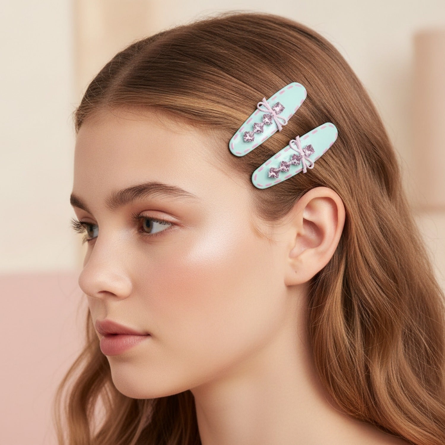 Mint Glitter Bow Hair Clips Rhinestone Set – hair accessories (view 3)