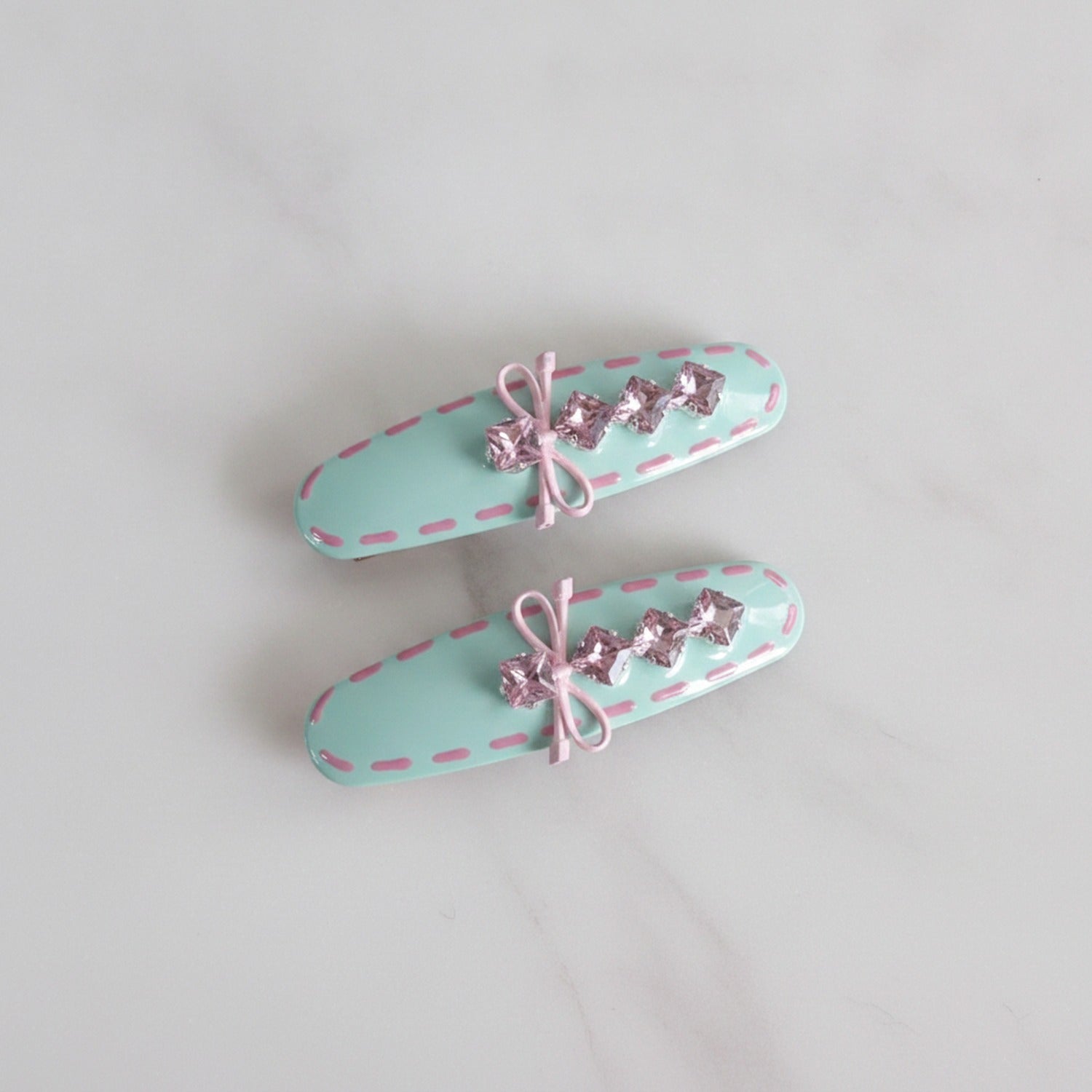 Mint Glitter Bow Hair Clips Rhinestone Set