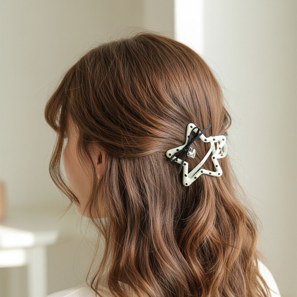 Star Hair Clip With Heart Charm And Black Bow