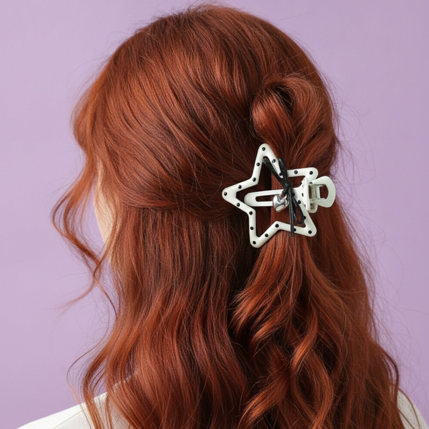 Star Hair Clip With Heart Charm And Black Bow