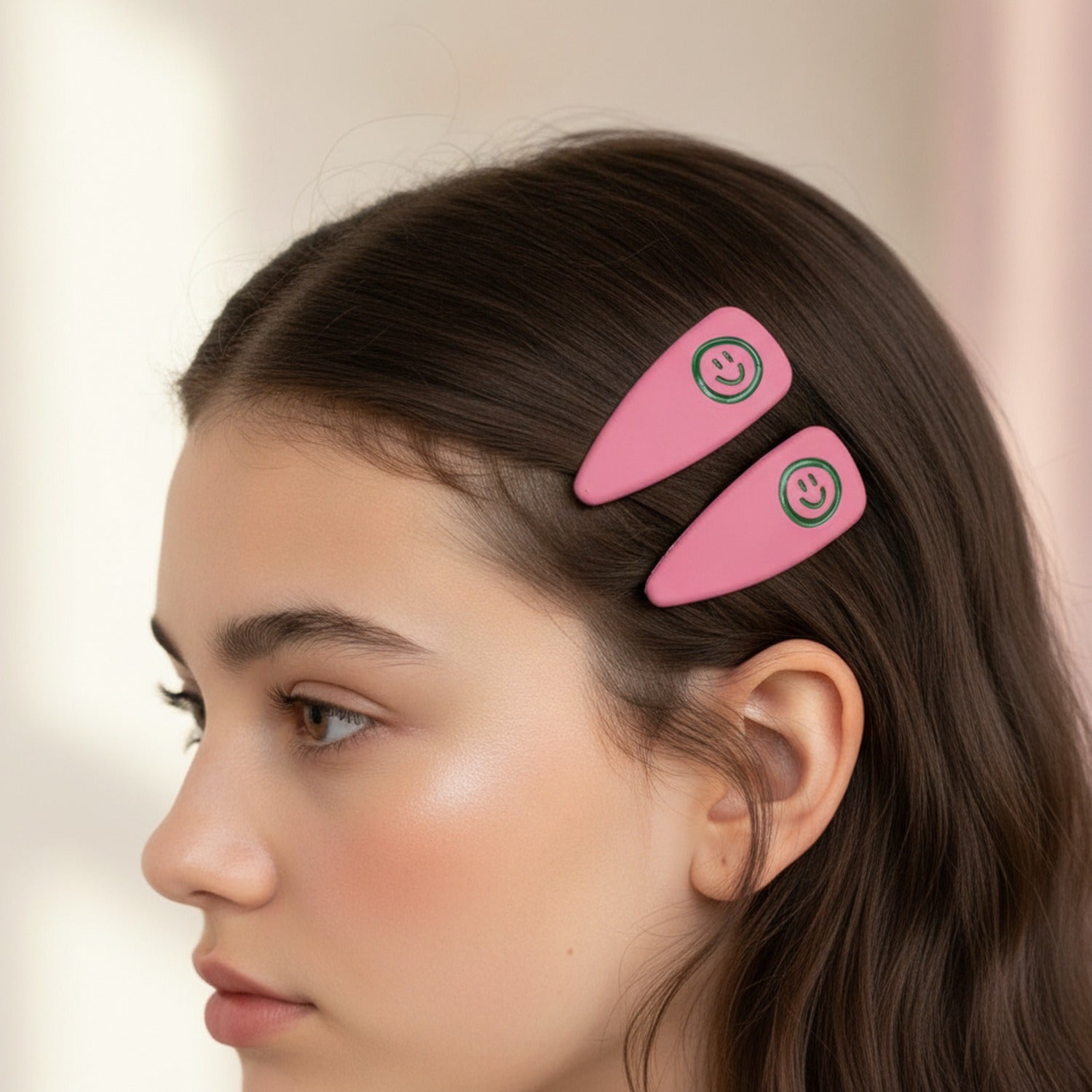 Pink Smiley Face Hair Clips Pair – hair accessories (view 3)