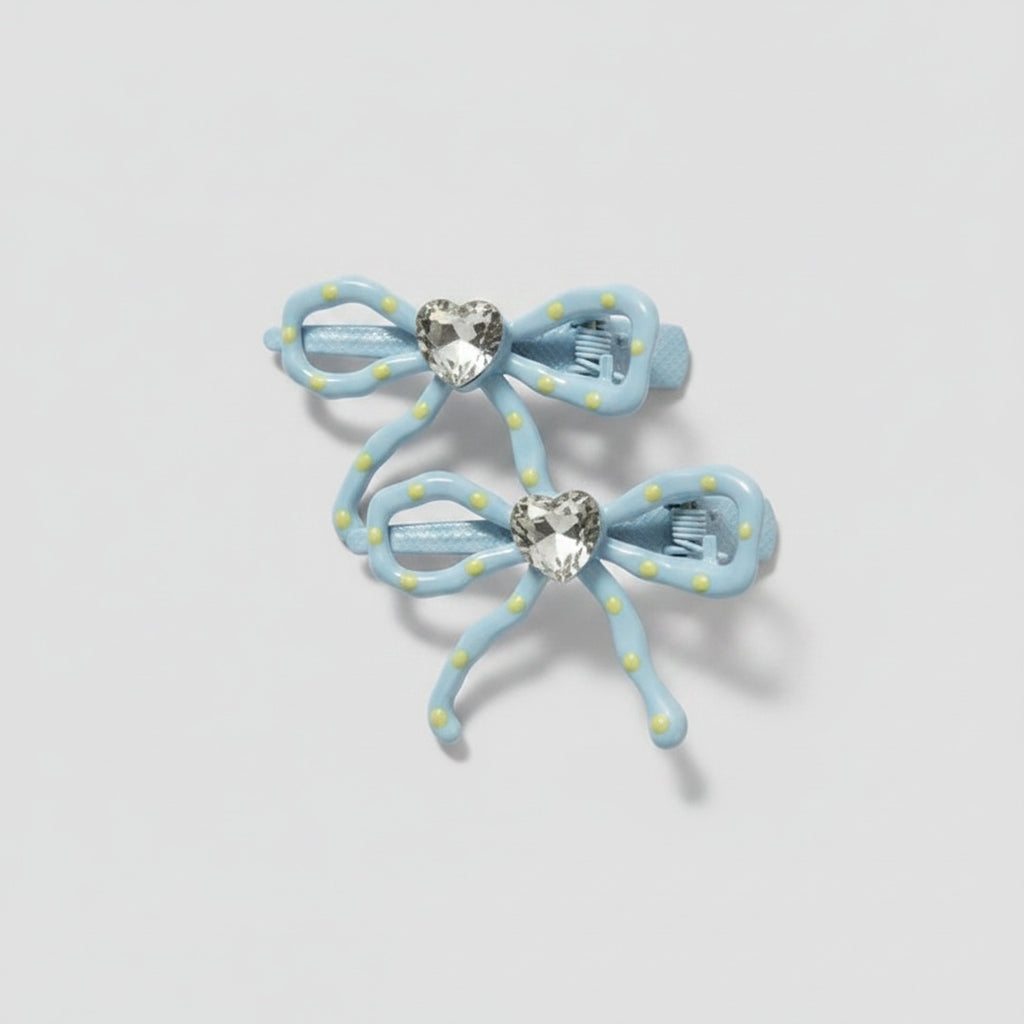 Blue Bow Hair Clips With Rhinestone Heart Charm