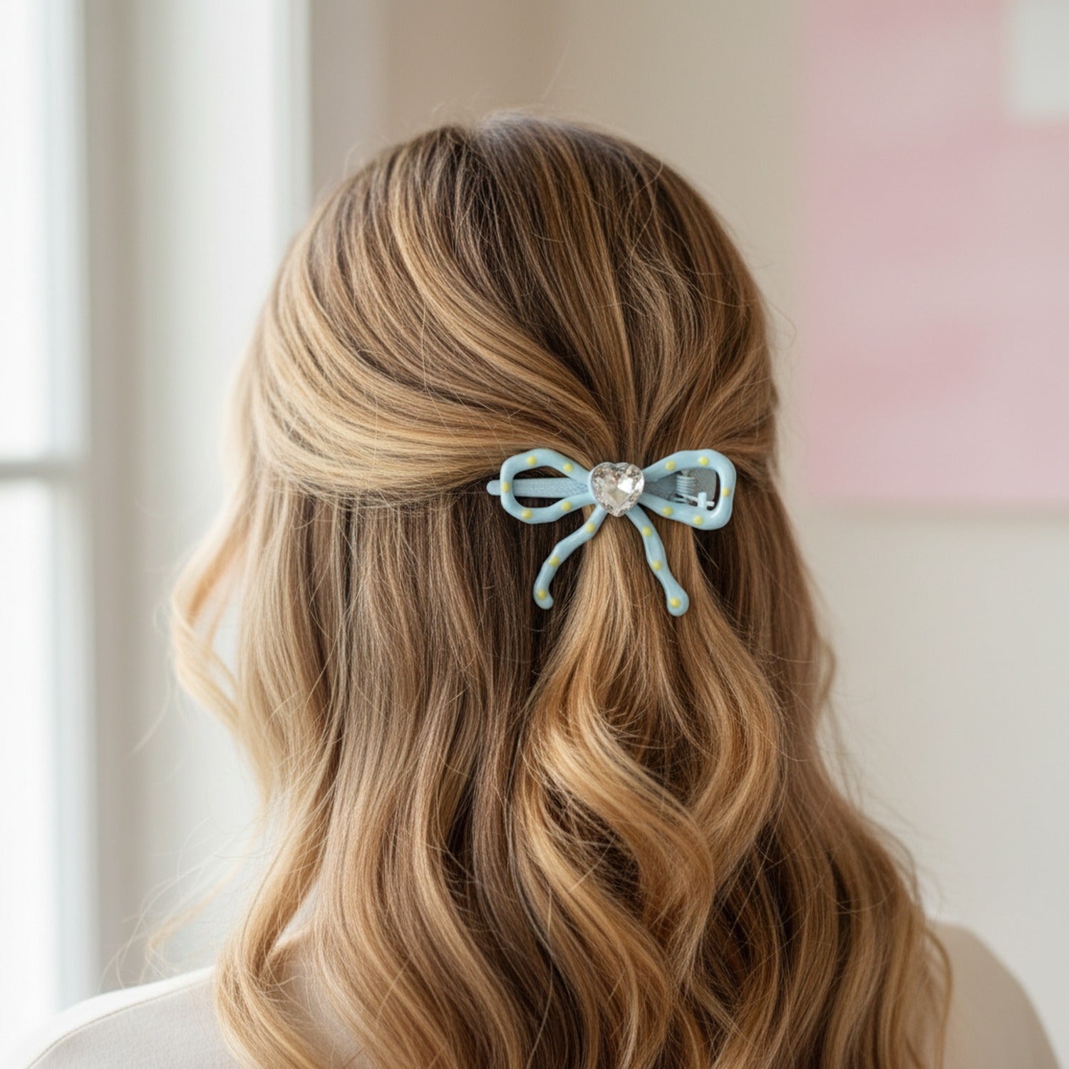 Blue Bow Hair Clips With Rhinestone Heart Charm