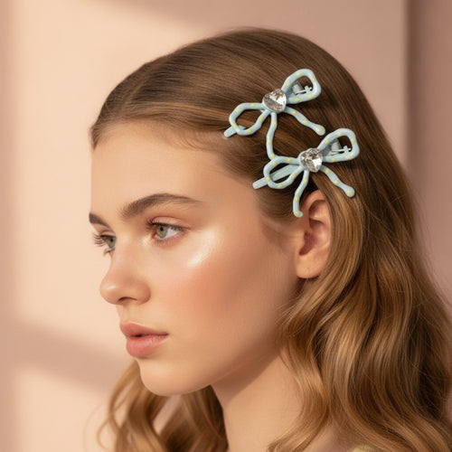 Blue Bow Hair Clips With Rhinestone Heart Charm