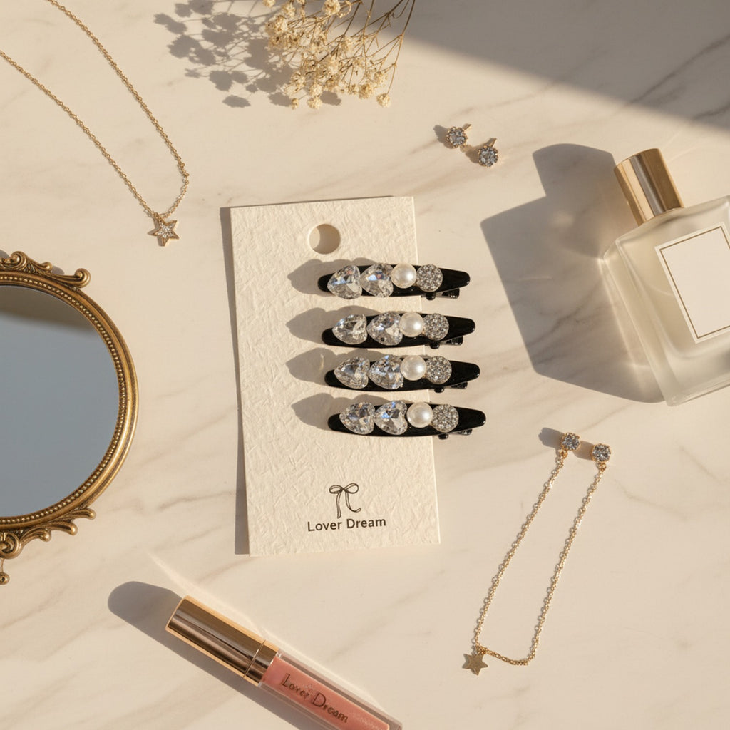 Rhinestone Clip Hair Pin Set - Heart Pearl Rhinestone – hair accessories (view 3)