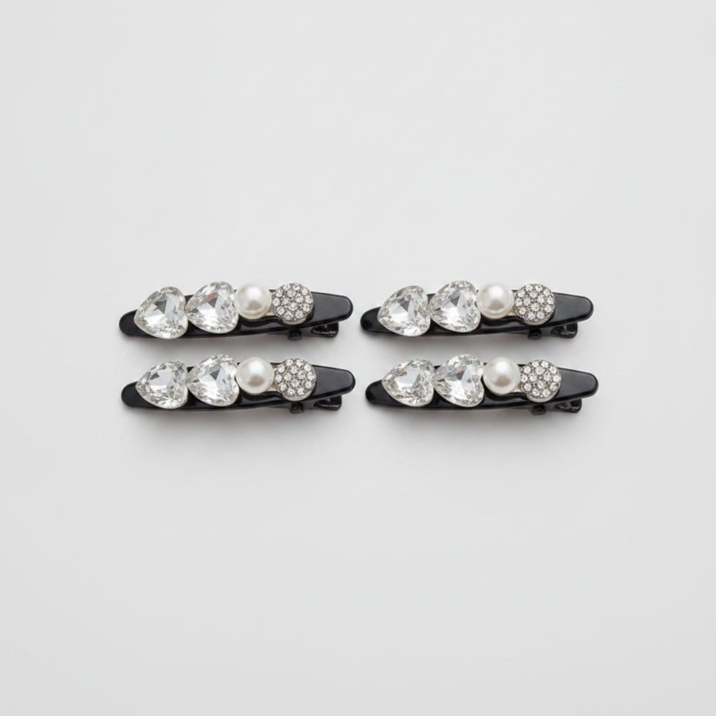 Rhinestone Clip Hair Pin Set - Heart Pearl Rhinestone