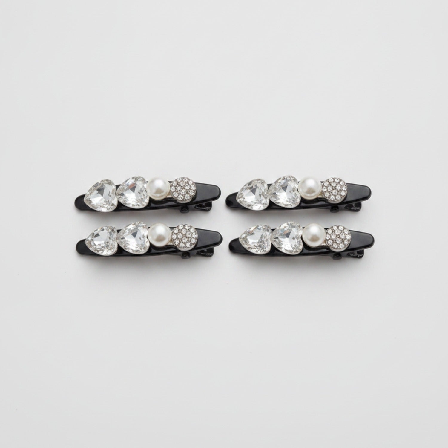Rhinestone Clip Hair Pin Set - Heart Pearl Rhinestone