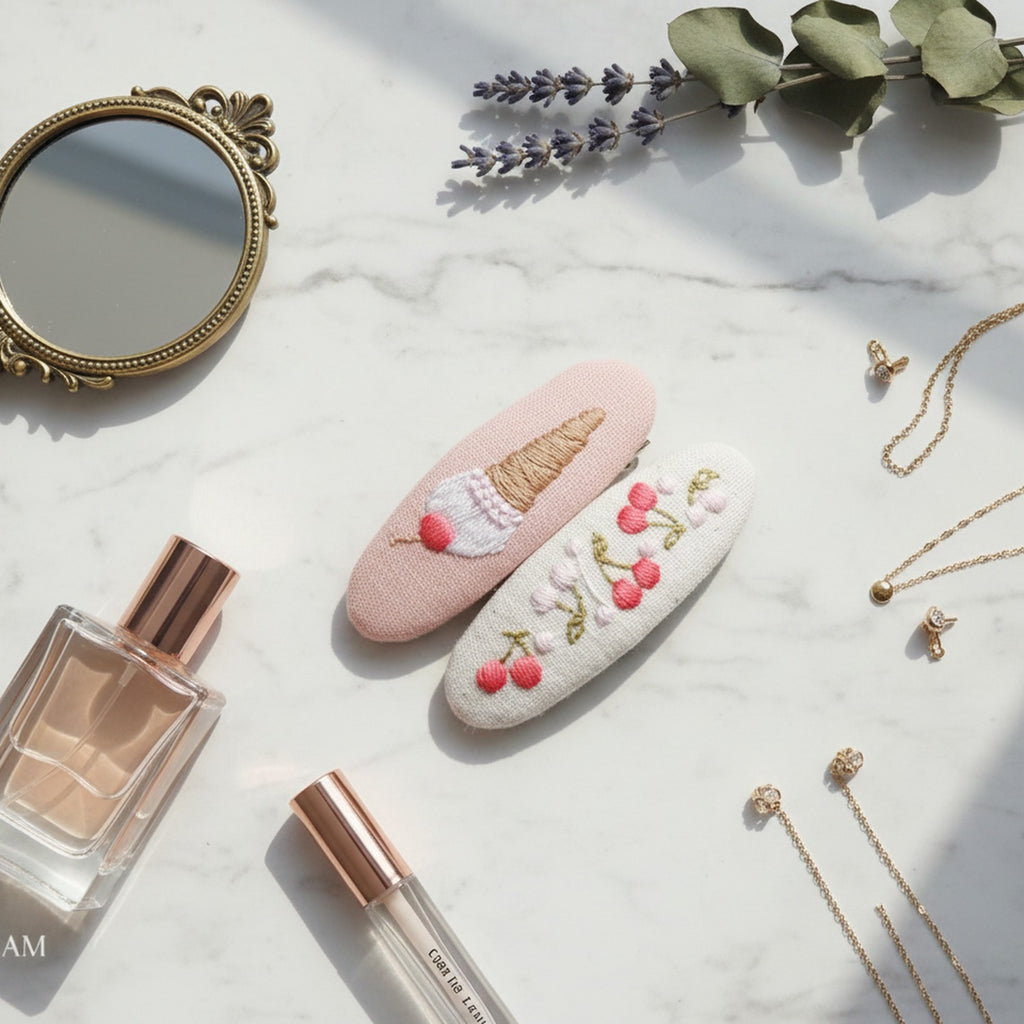 Embroidered Oval Hair Clip Duo - Pink Ice Cream – hair accessories (view 3)