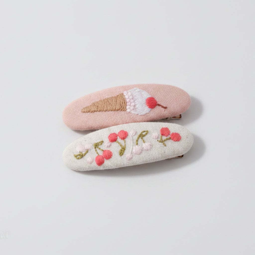 Embroidered Oval Hair Clip Duo - Pink Ice Cream