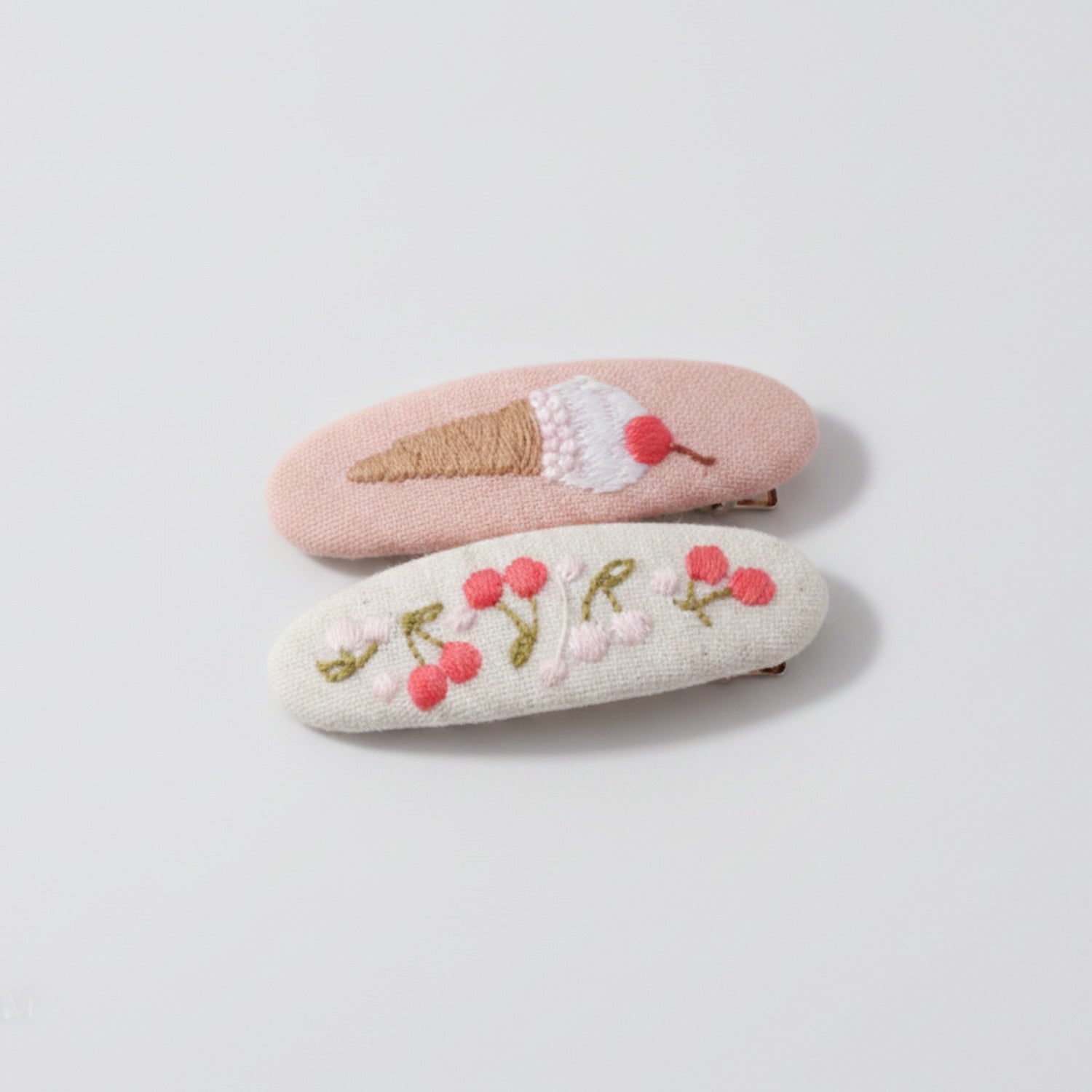 Embroidered Oval Hair Clip Duo - Pink Ice Cream