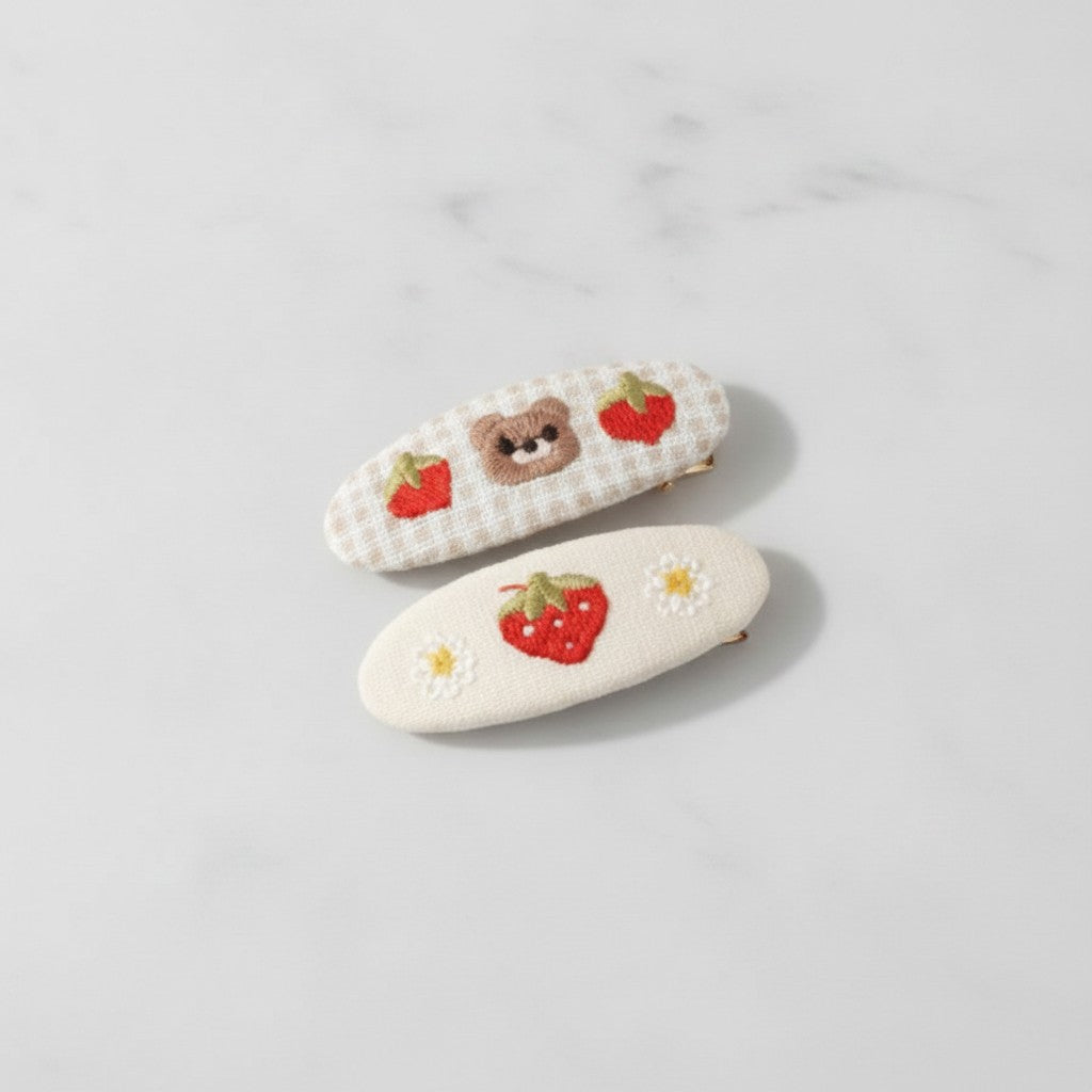 Embroidered Oval Hair Clip Duo - Cream Berry – hair accessories (view 2)