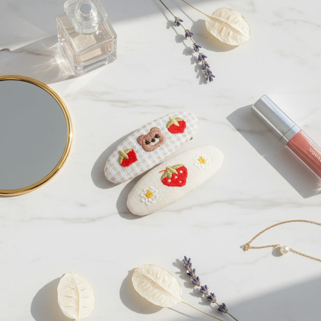 Embroidered Oval Hair Clip Duo - Cream Berry – hair accessories (view 3)